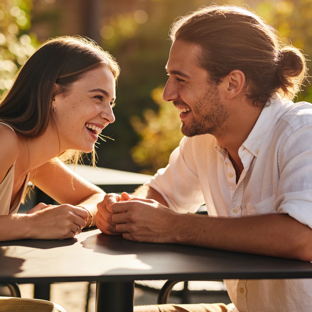 Realistic AI image of a couple laughing at an outdoor cafe in golden hour backlight