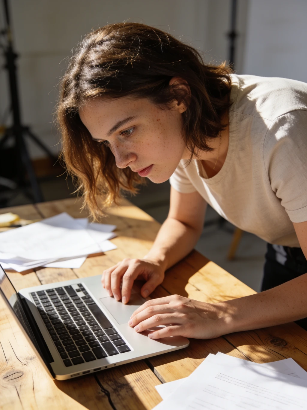 Realistic AI environmental portrait of a woman working at a desk in a sunlit studio