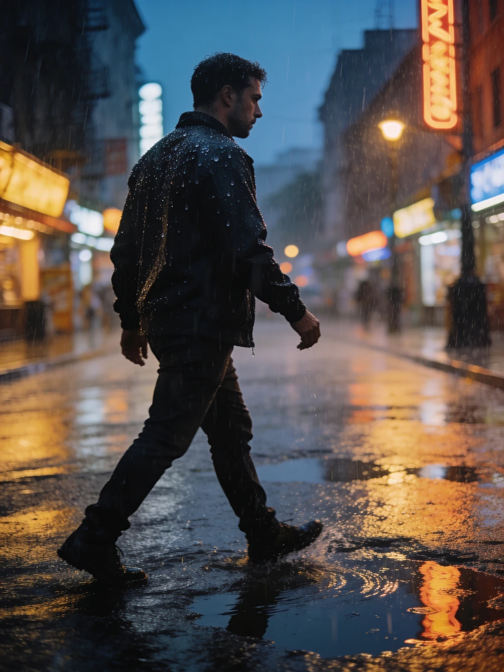 Realistic AI image of a man walking a rainy city street at dusk with neon reflections