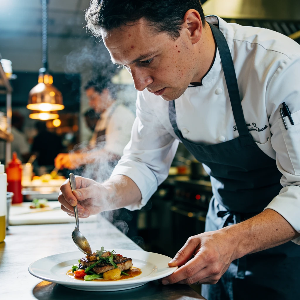 Realistic AI image of a chef plating food in a busy kitchen with steam and motion