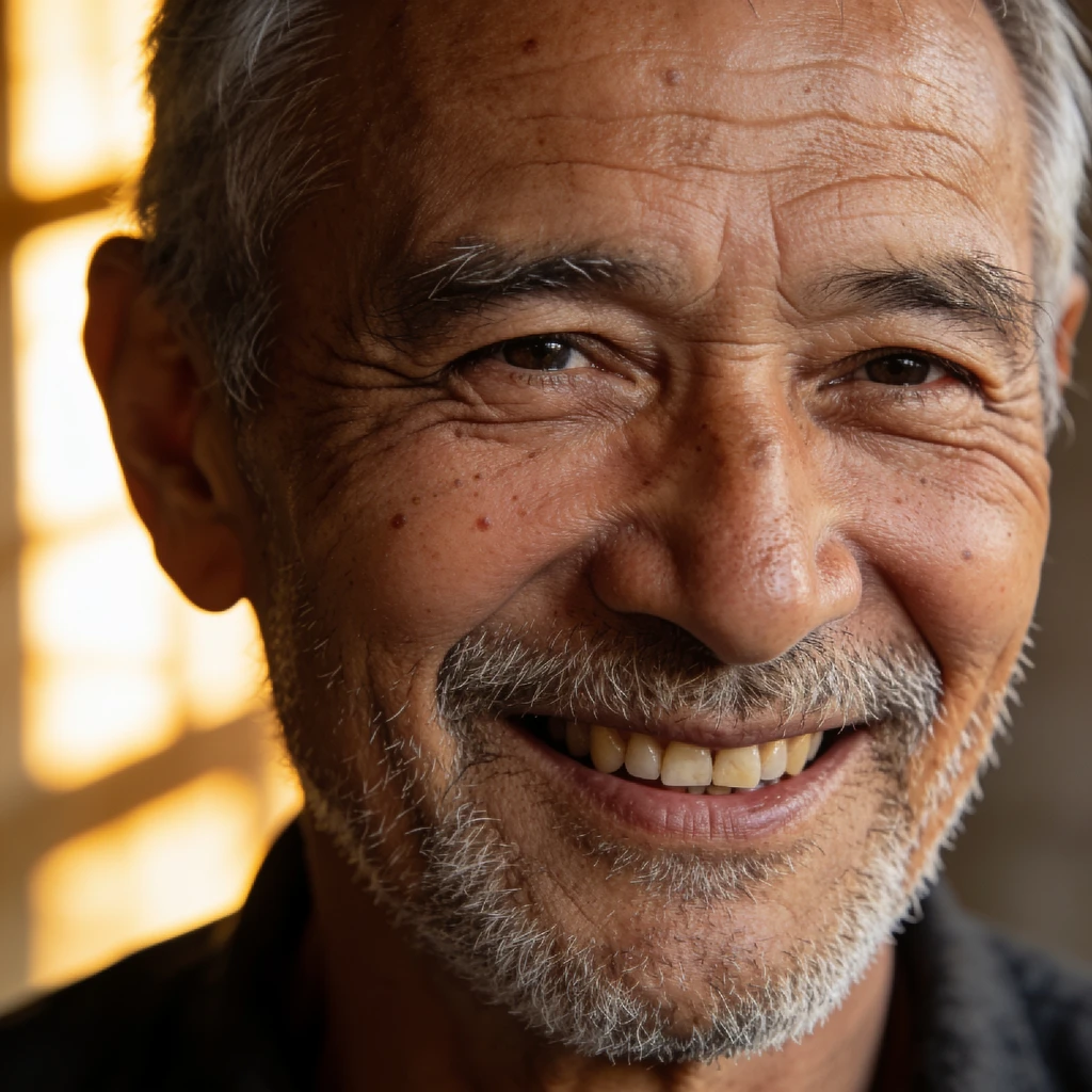 Realistic AI portrait of an older man with weathered skin and smile lines