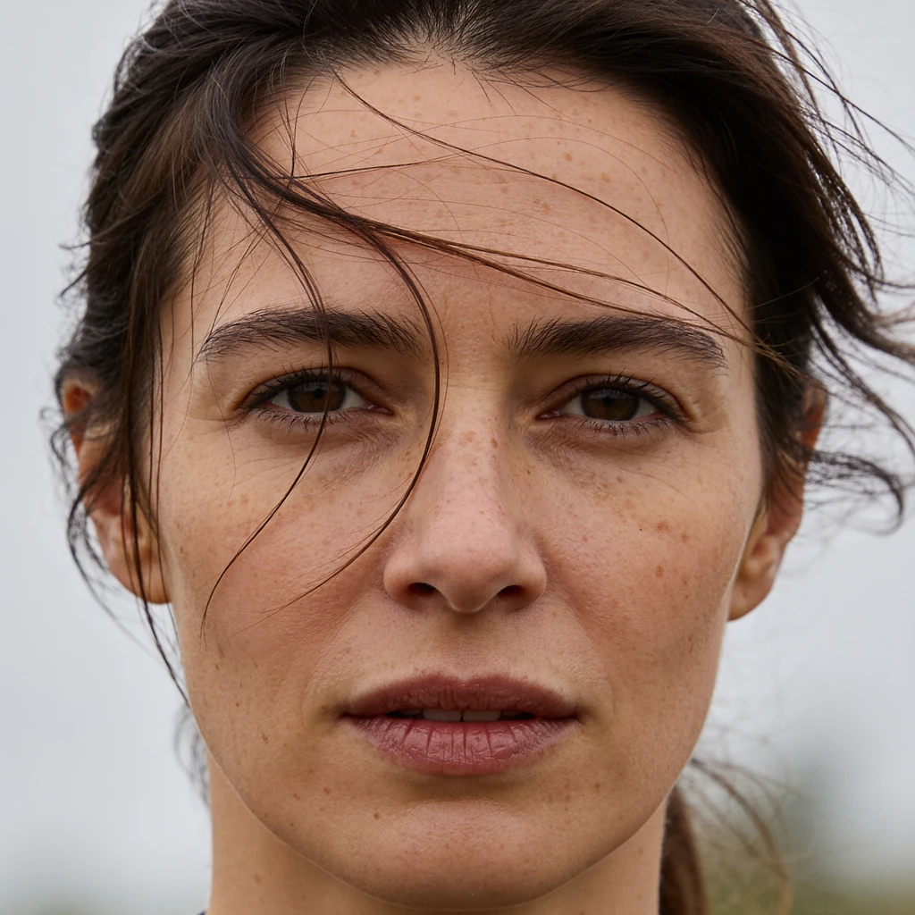 Realistic AI portrait of a woman with freckles and windswept hair